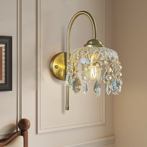 Vintage Glass Sconce With Crystal Brass Embossed Flower Dome Patterns Wall Light