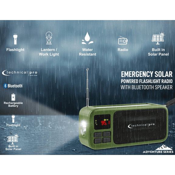 Technical Pro R450BTS Emergency Solar AM/FM Radio with Bluetooth Speaker and Flashlight, Green