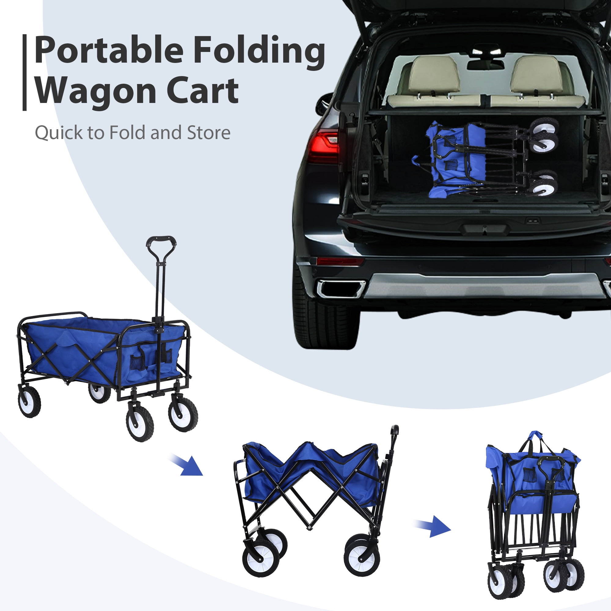 YRLLENSDAN Folding Wagons and Carts, Collapsible Wagon, Grocery Wagon with Wheels, Portable Wagon Outdoor, All-Terrain Utility Wagon for Camping Beach Sports, 200lb Heavy Duty Wagon, Blue