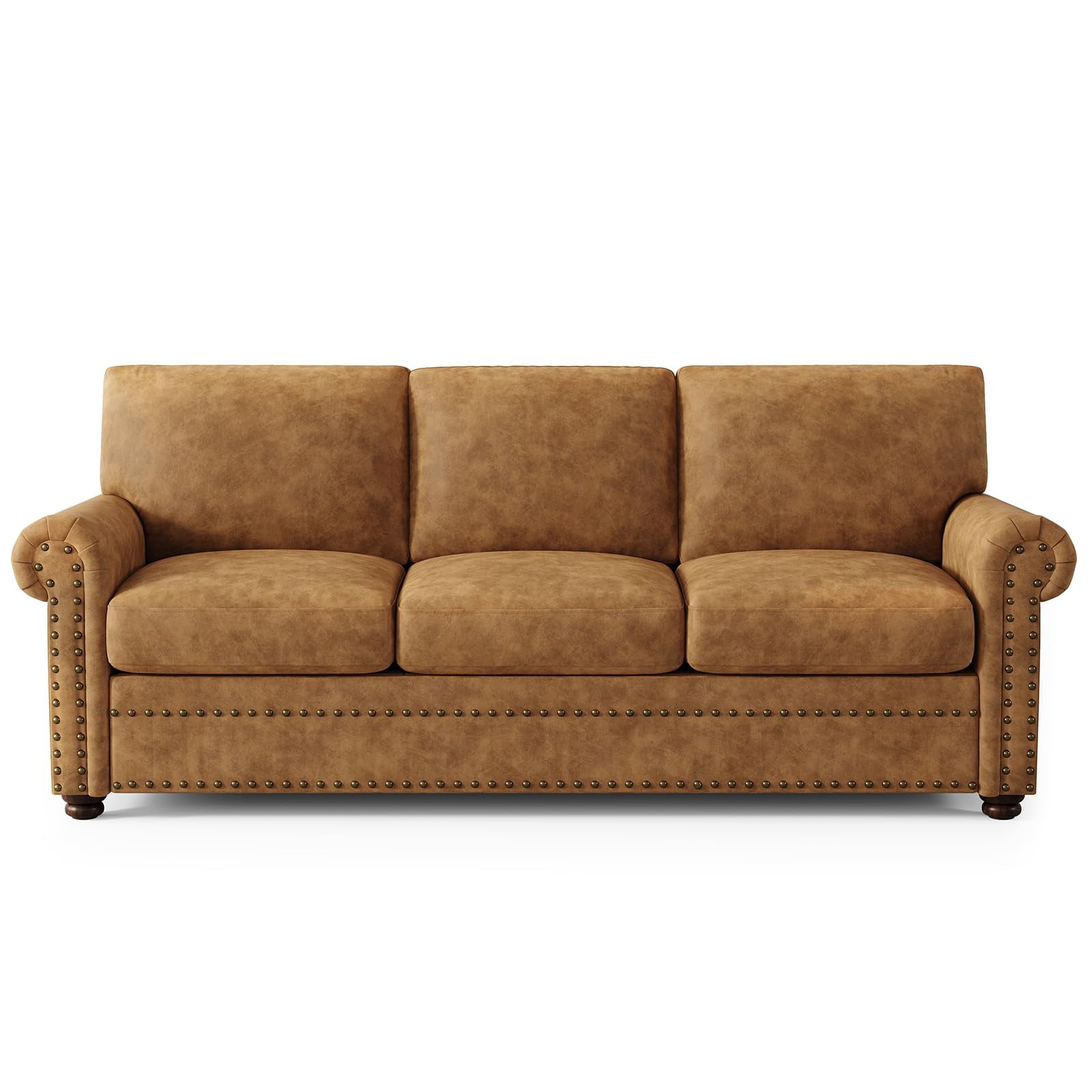 ROGALIS 84" Faux Leather Sofa, Mid-Century Modern 3-Seater Couch with Nailhead Trim and Rolled Arms, Caramel