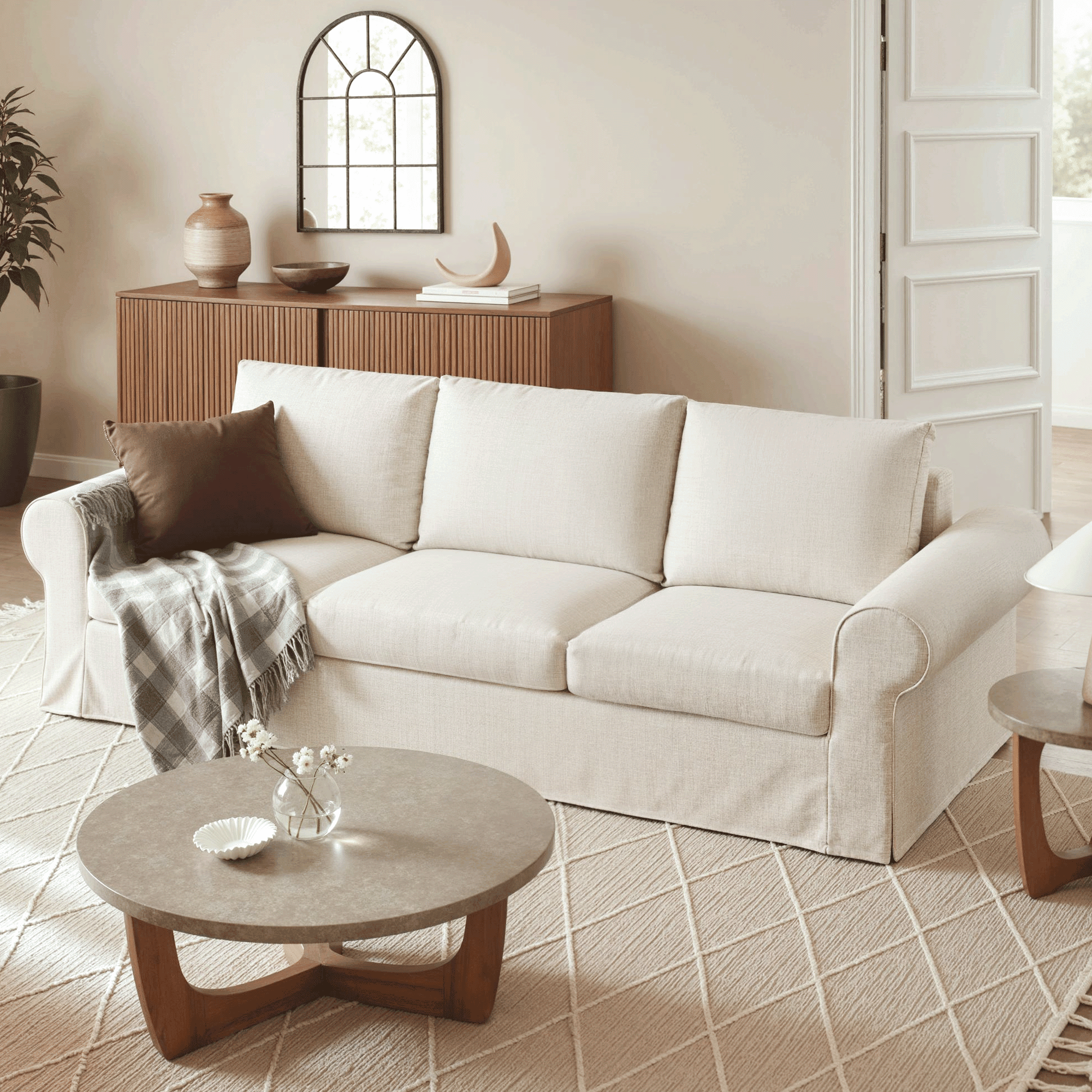 Vorthio 89" 3-Seater Farmhouse Sofa, Deep Seat Couch with High Back Support, Removable Washable Cover, Rolled Arms, White