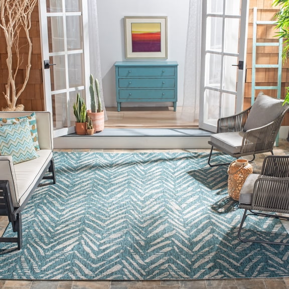 SAFAVIEH Courtyard Alfonso Chevron Indoor/Outdoor Area Rug, Blue/Grey, 8' x 10'