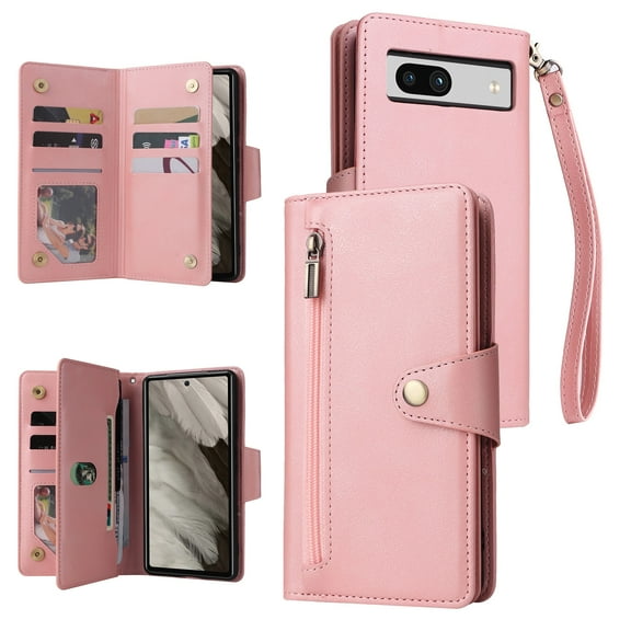 Allytech Google Pixel 7a Wallet Case with Zipper Pocket, Luxury PU Leather Flip Cover with Card Slots & Wrist Strap, Shockproof Kickstand Magnetic Buckle Protective Case for Women Men, Rosegold