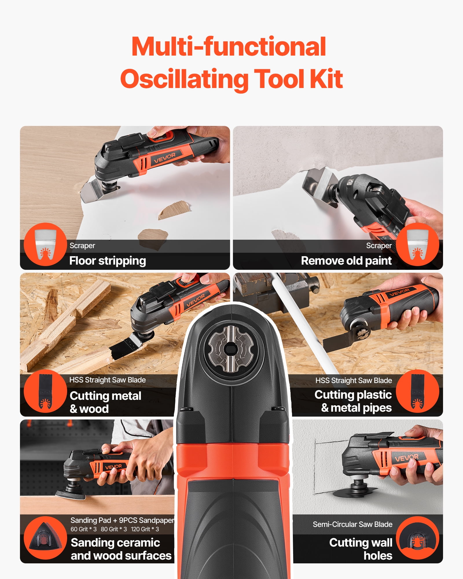 VEVOR Multitool Oscillating Tool, 3Amps Corded Oscillating Multi Tool with 6 Variable Speeds 15000 - 22000 OPM, 3.2° Oscillating Angle, 13PCS Saw Accessories, LED Work Light & Tool Bag
