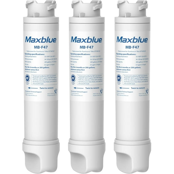 Maxblue Refrigerator Water Filter Replacement for Frigidaire® EPTWFU01® Pure Source® Ultra II, FPBC2277RF, FPBG2277RF, FGHB2868TP, FFHD2250TD, FGSC2335TF, FGSC2335TD, LGHD2369TF, FPBS2777RF, Pack of 3