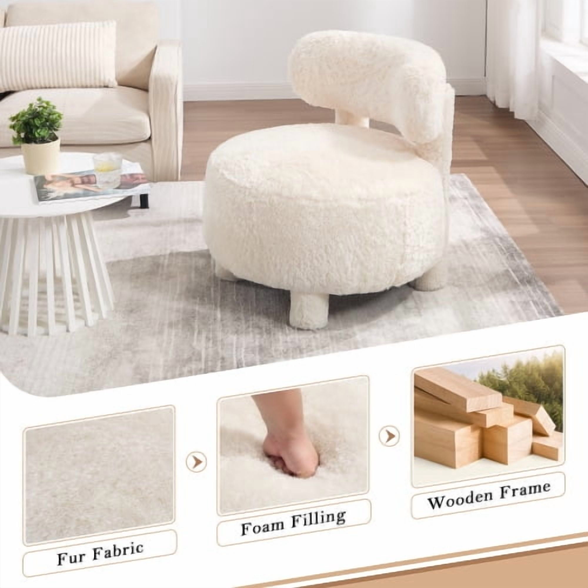 MOONMISS Accent Chair With Curved Backrest And Solid Wood Legs Upholstered Chair Slipper Side Chair For Primary Living Space Bedroom Vanity Room Or Reading Room ,White-Fur
