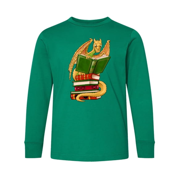 Inktastic Well-read Cute Gold Dragon Reading Books Long Sleeve Youth T-Shirt