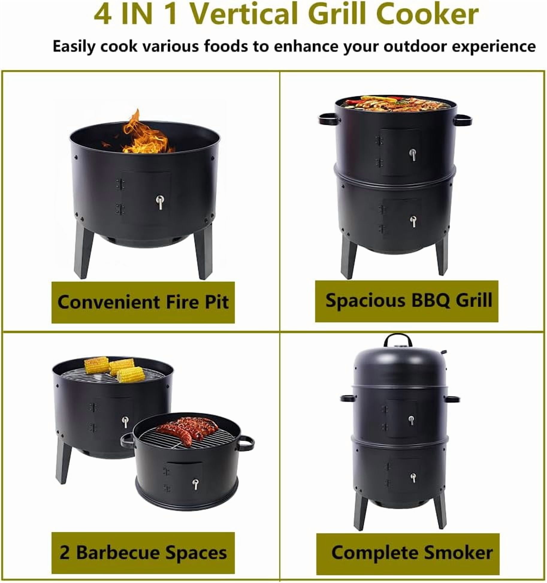 Acekid 16 inch Charcoal Smoker 3-in-1 Portable Heavy Duty Vertical BBQ Grill Meat Cooker Fire Pit with Built-in Thermometers Air Vent Black