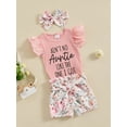 thumbnail image 3 of Bagilaanoe 3pcs Newborn Baby Boy Girl Shorts Set Short Sleeve Letter Print Romper Tops + Floral Shorts + Hairband 3M 6M Infant Casual Summer Clothes, 3 of 7