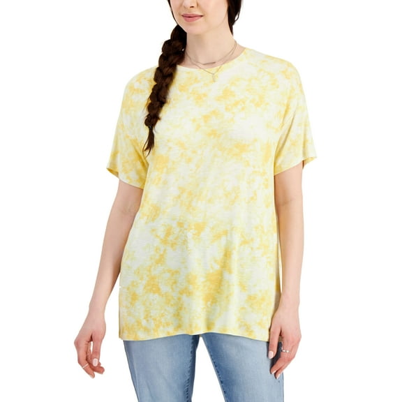 Style & Co Womens Printed Drapey T-Shirt Yellow Lava Dye L