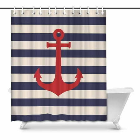 Pop Navy Blue Striped Marine Background With Nautical Anchor Shower Curtain Decor 66x72 Inch
