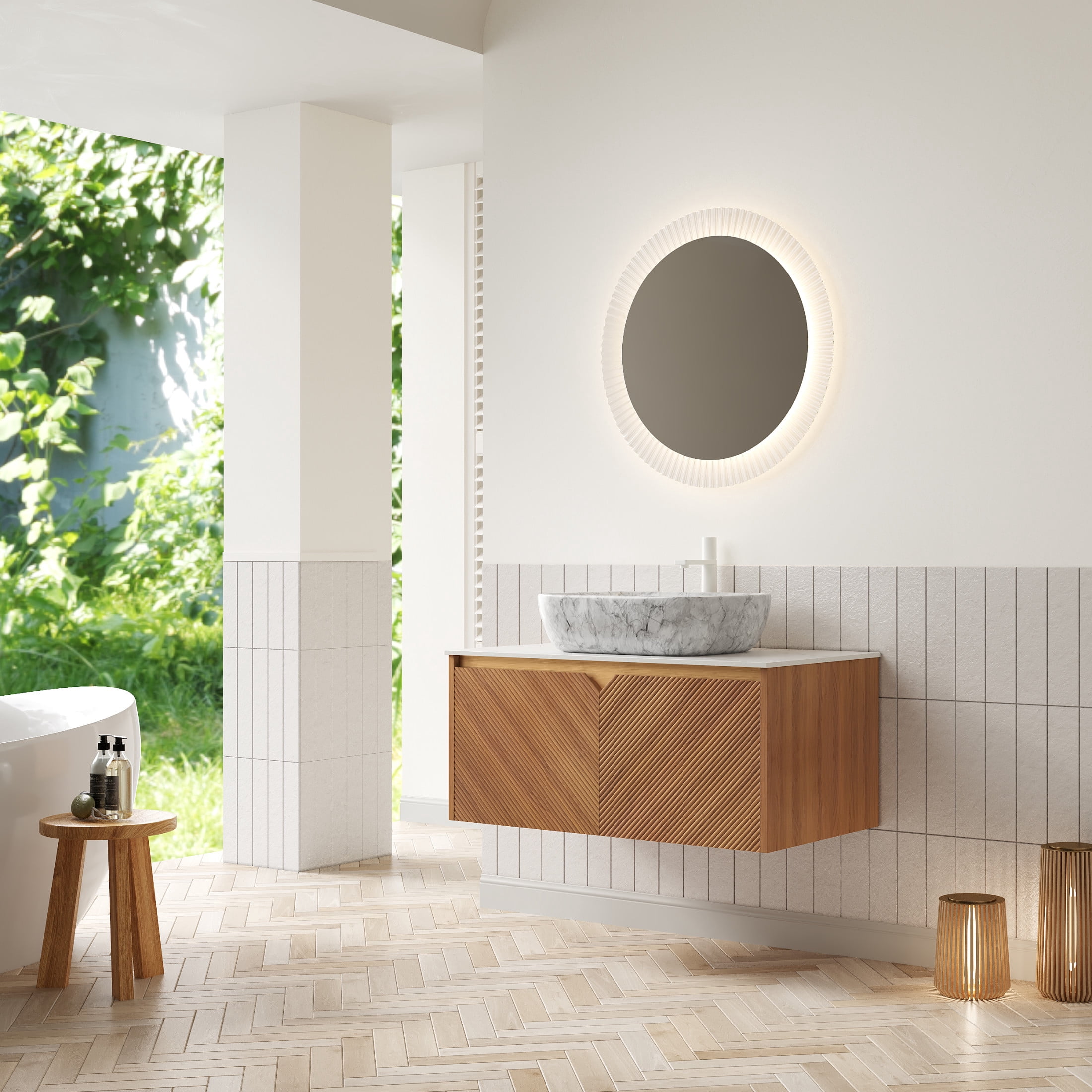 Noble House RUBEN 36" Floating Bathroom Vanity, Sintered Stone Top Cabinet with Gray Stone Ceramic Vessel Sink, Oak