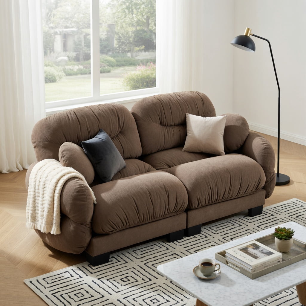Hommoo 2-Seater Modular Chenille Sofa, Pleated Back Design, Ergonomic High-Density Foam, Curved Armrests & 2 Throw Pillows, Brown