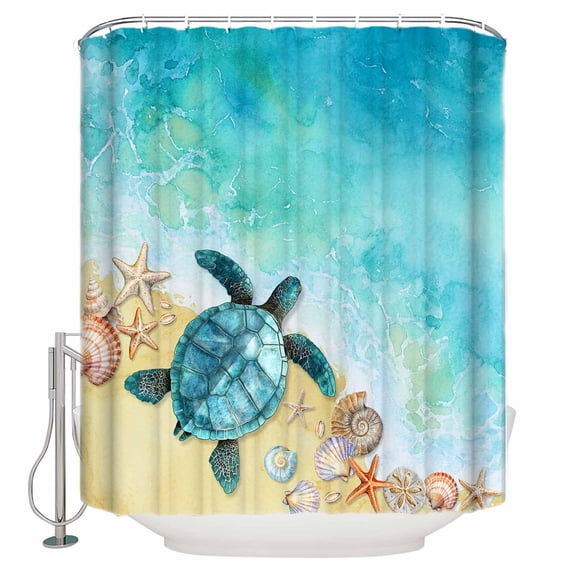 Sea Turtle Shower Curtain, 72" x 72", Summer Turquoise Ocean Watercolor Shell Conch Waterproof Bathroom Curtain Washable Shower Curtain Set with 12 Hooks