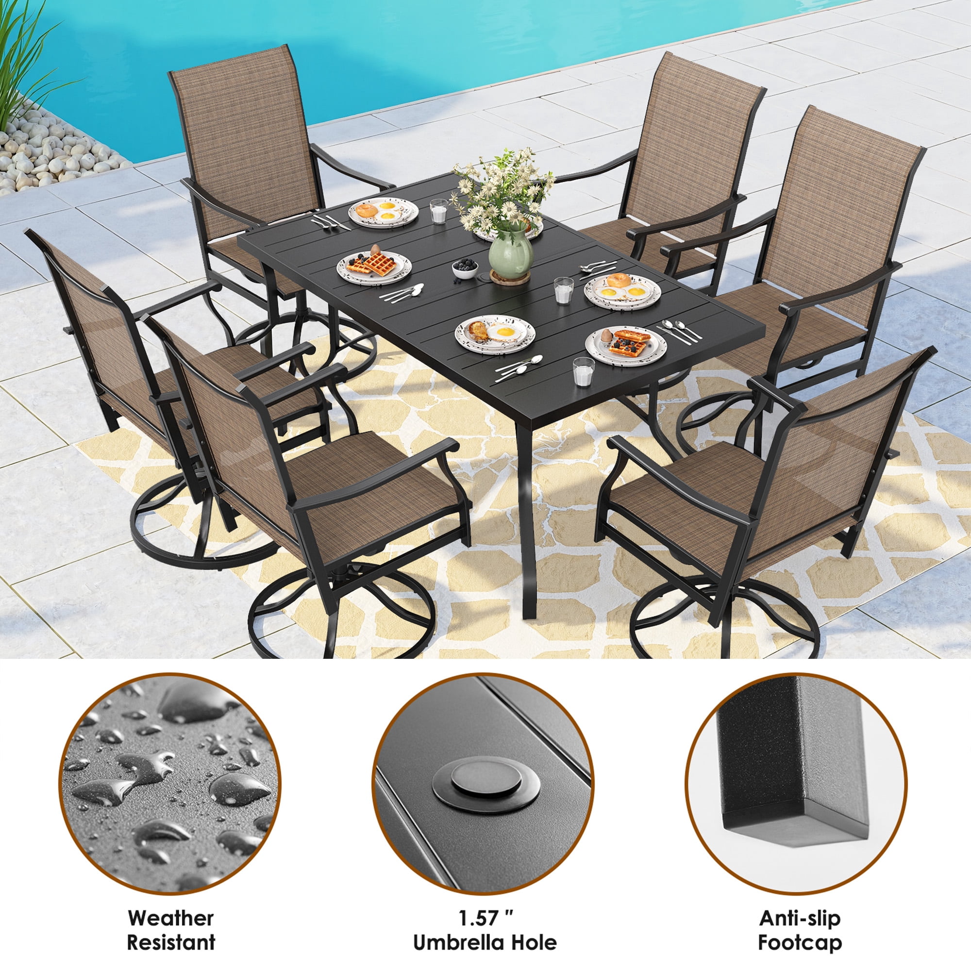 MAYEERTY 7-Piece Patio Dining Set:1 Black Rectangular Table with 1.57" Umbrella Hole & 6 Brown Swivel Textilene Chairs