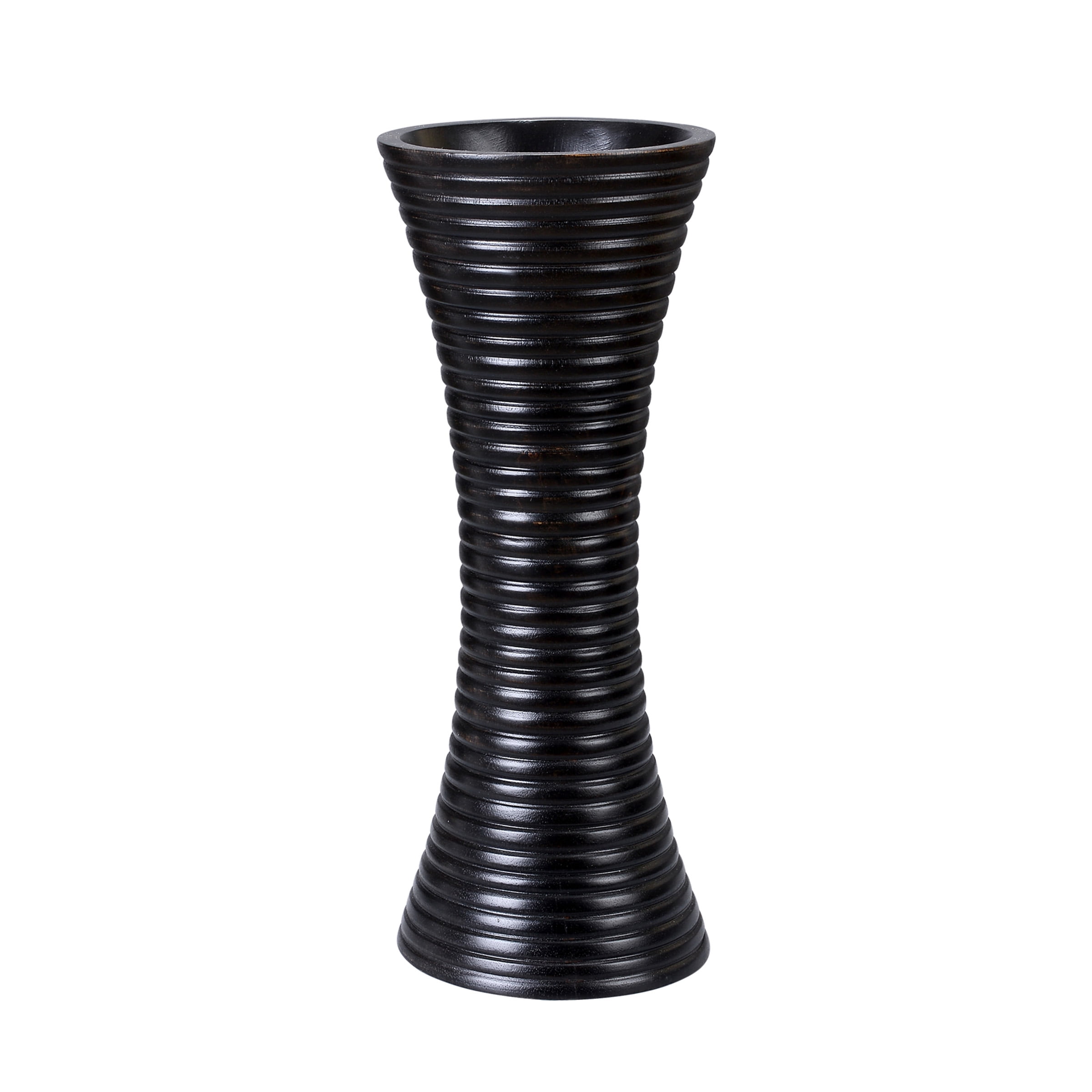 Sustainable Wood Decorative Carved Lines Faux Flower Planter Eco-Friendly Villacera Handmade 14 Tall Bottle Mango Brown Round Ripple Vase