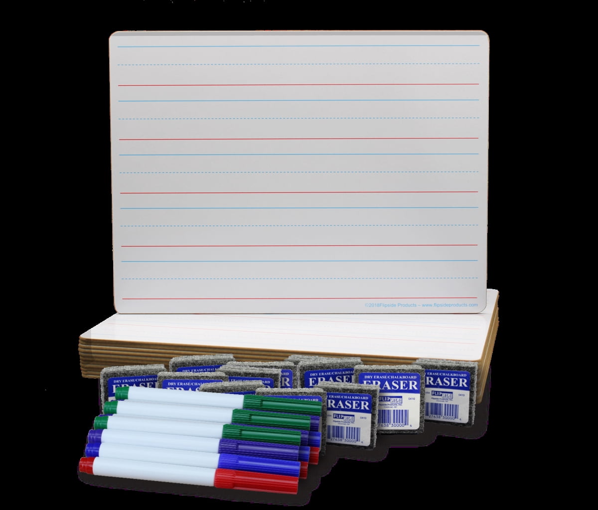 Flipside Products Two-Sided Dry Erase Boards, Red & Blue Ruled/Plain, 9" x 12", with Colored Pens & Student Erasers, Class Pack 12