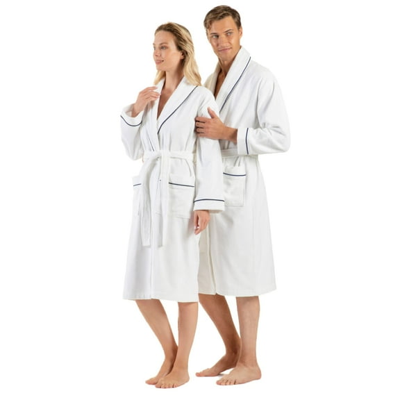English Home Premium Cotton Robes for Women, Lightweight Mens Robe, Unisex Terry Cloth Bathrobe, Soft Shower Spa Robe, White Navy, M/L, 1 Pcs