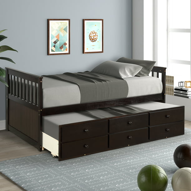 Bed With Trundle And 3 Storage Drawers, Twin Captain Bed With Bookcase Headboard