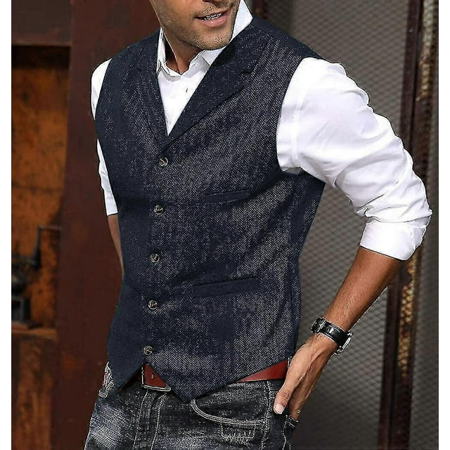 Men's Herringbone Vest 2021 - Notch Lapel Wool/Tweed Waistcoat Vintage Style