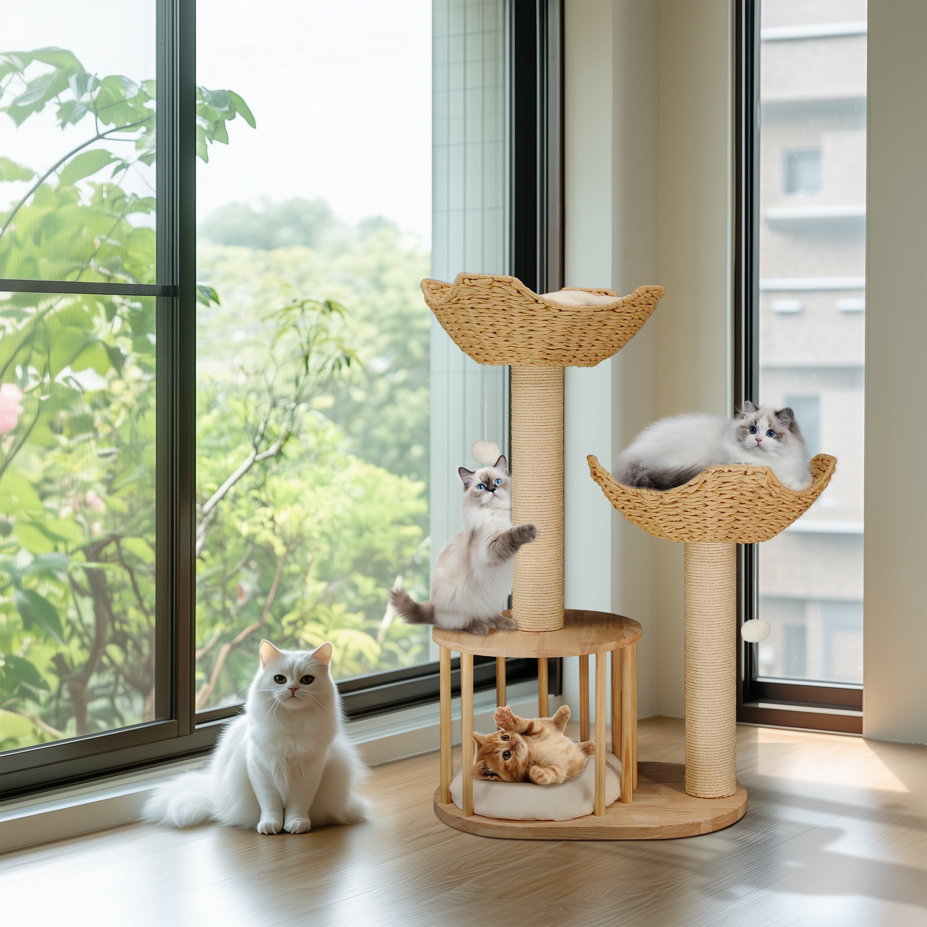 BingoPaw Wood Cat Tower Tree 3-tier Cat House Tree Activity Tower Condo Furniture with Plush Cushion