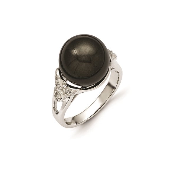 Auriga Fine Jewelry 925 Sterling Silver with 14K 12-13mm Black Shell Bead & CZ Ring Size 6 for Women