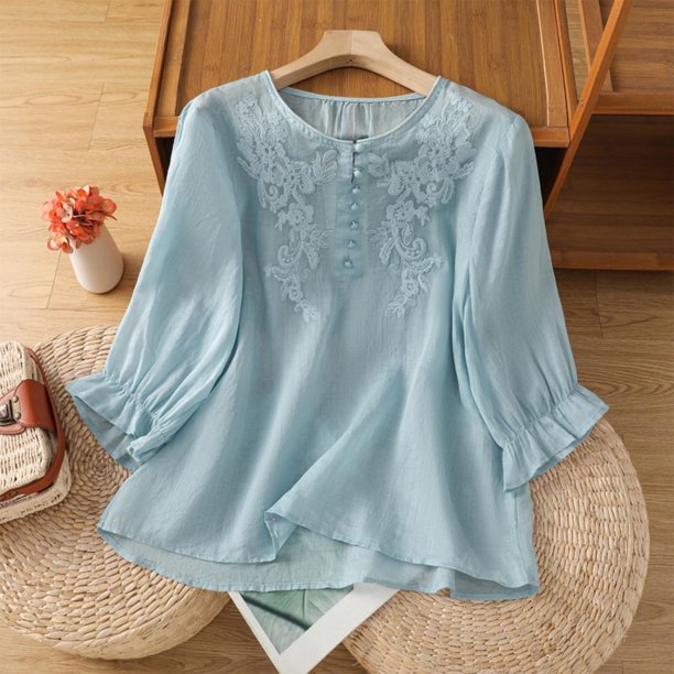mfyjkho Tops Elegantes Para Mujer, Blusa De Lino Sintético Con Botones Bordados Para Mujer, Manga 3/4, Cuello Redondo Tops Para Salir M
