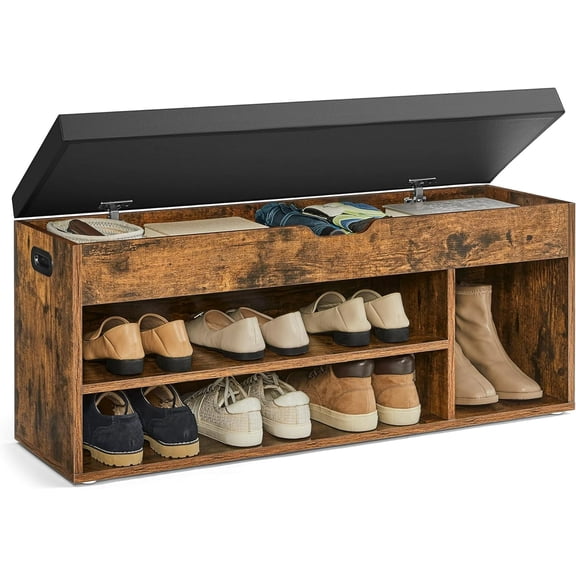 EDX 39" Storage Bench with Cushion, Shoe Bench with Hidden Storage, 3 Compartments, Rust and Black