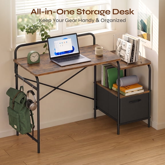 Pinmoco 41 Inch Computer Desk with Fabric Drawers, Home Office Desk with Storage, Study Table for Small Spaces, Brown