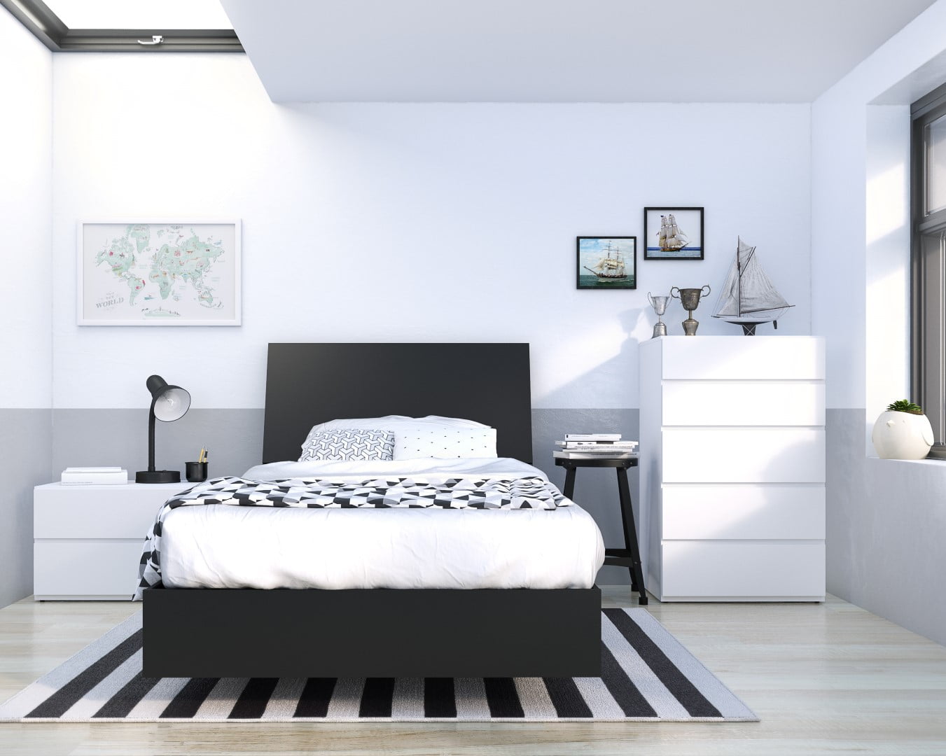 White bed black dresser deals