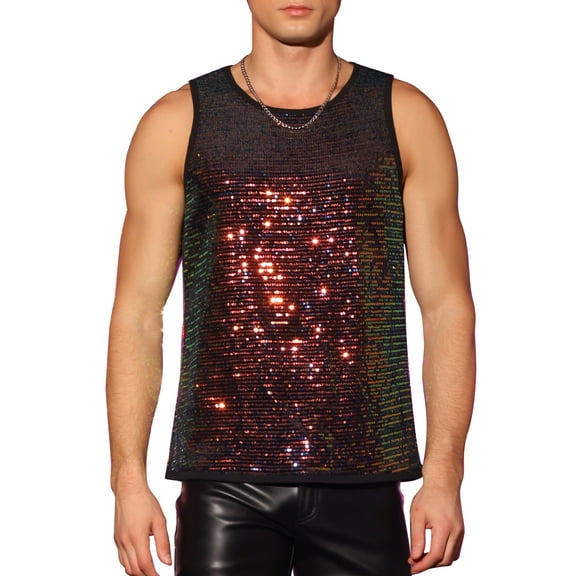 INSPIRE CHIC Sequins Tank Top for Men's Crew Neck Sleeveless Party Vests M Golden