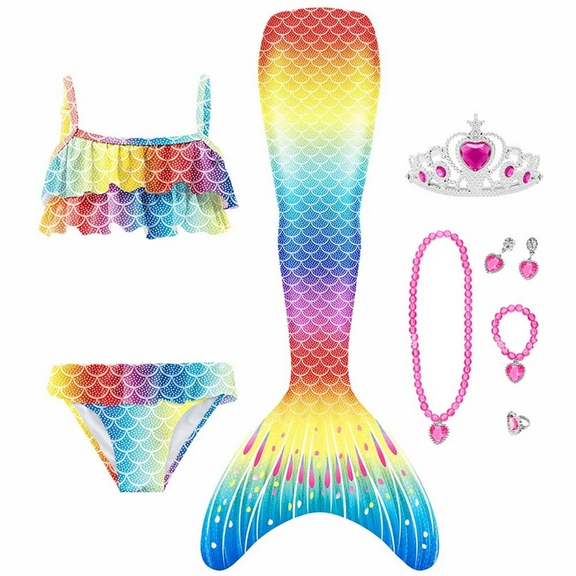 【Uhome】Girls Mermaid Bathing Suit 3PCS Cute Ruffle Bikini Swimsuits with Fish Tail Kids Beach Swimwear 3-11y