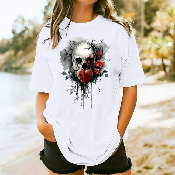 Aobny White Sexy Womens Tops Plus Size T-Shirt Elbow-Length Crew Neck Skull Tops for Women Trendy