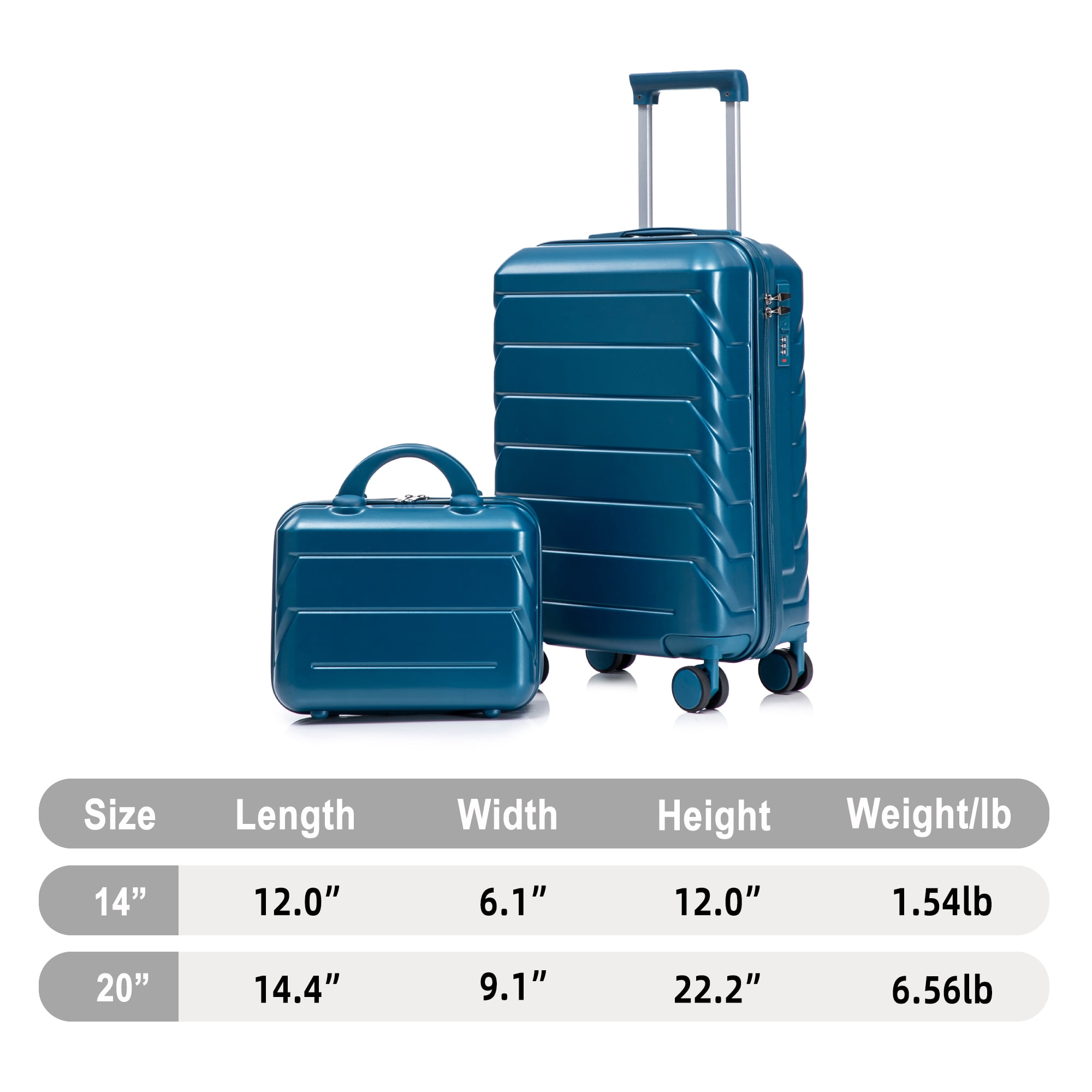 14"/20" 2 pcs/set in ABS Spinner Wheel Luggage, with Combination Lock, 14" Cosmetic Case (Dark Blue)