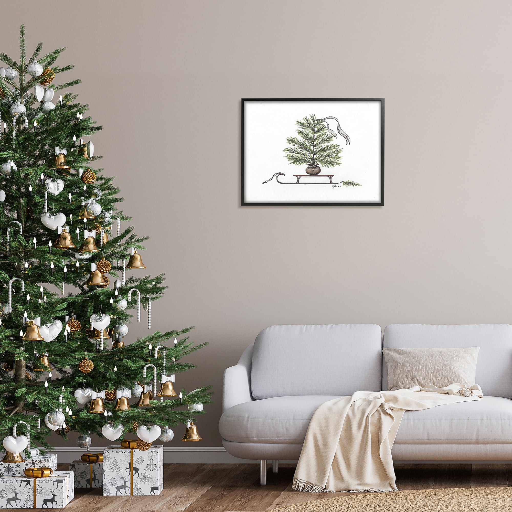 Endearing Christmas Fir Tree Sleigh Festive Ribbon Botanical & Floral Painting Framed Art Print Wall Art