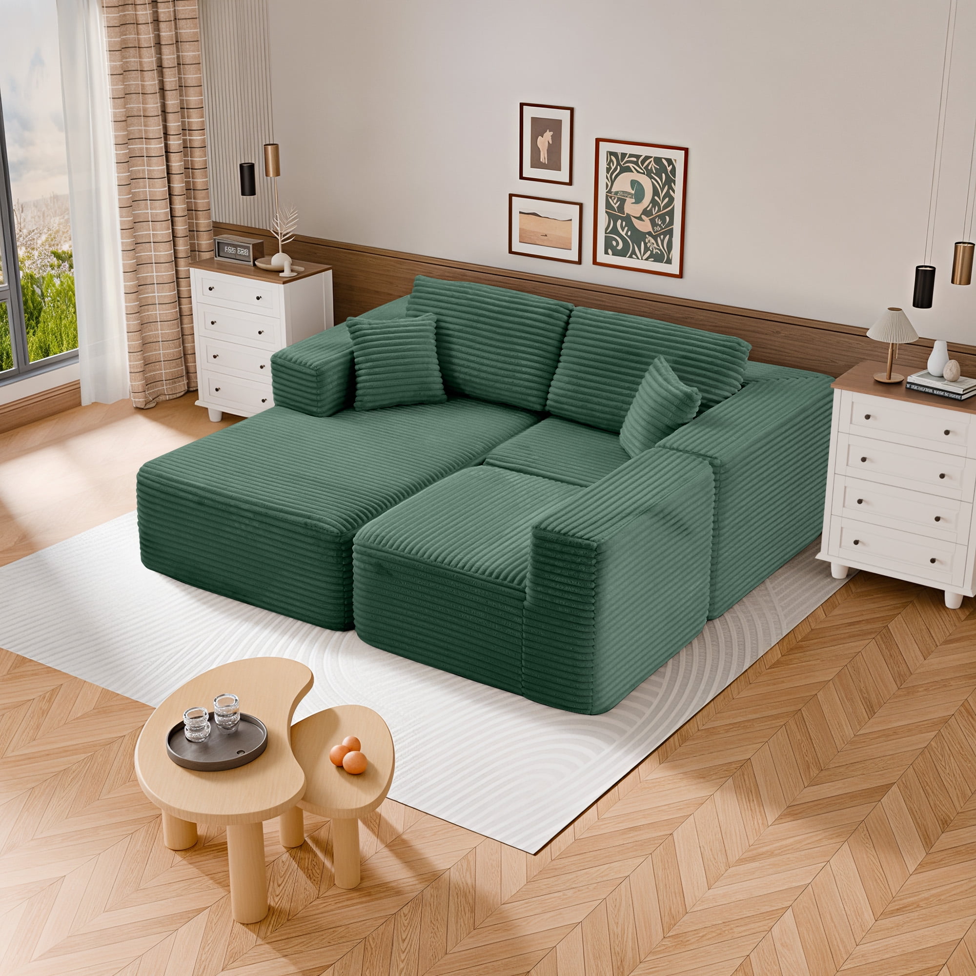 MAYEERTY Corduroy Sectional Couch, Comfy Modular Compression Sofa for Apartment & Living Room, 104×67" Green