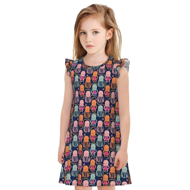 Fotbe Octopus in love Vestido de Dormir para Niñas de 3 a 10 Años, Mangas Cortas, Estilo Princesa, Pijama Camisón con Mangas Voladas-Medium