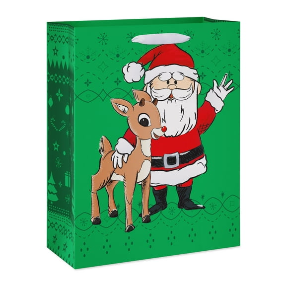 American Greetings Rudolph the Red Nose Reindeer 13 in. Large Green Gift Bag for Christmas, Santa Claus (1-Count)