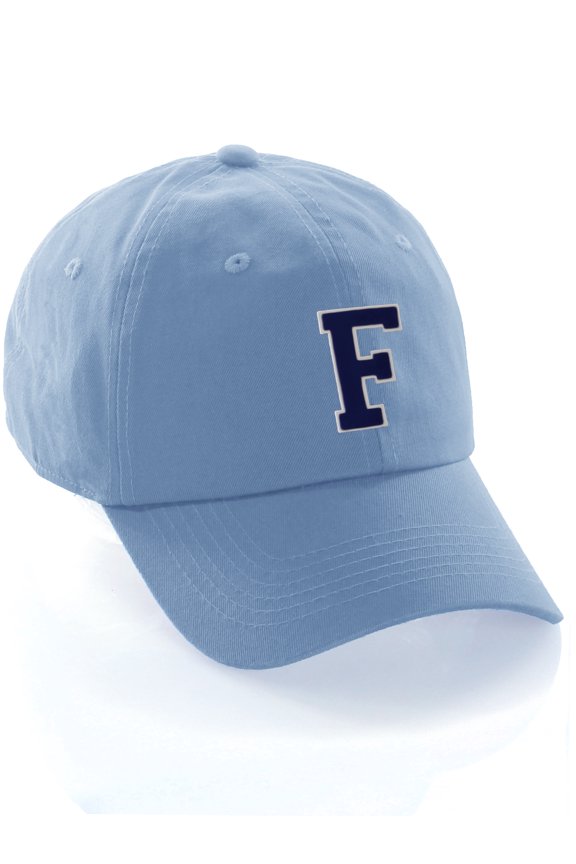 Customized Letter Intial Baseball Hat A to Z Team Colors, Sky Cap White Navy Letter F