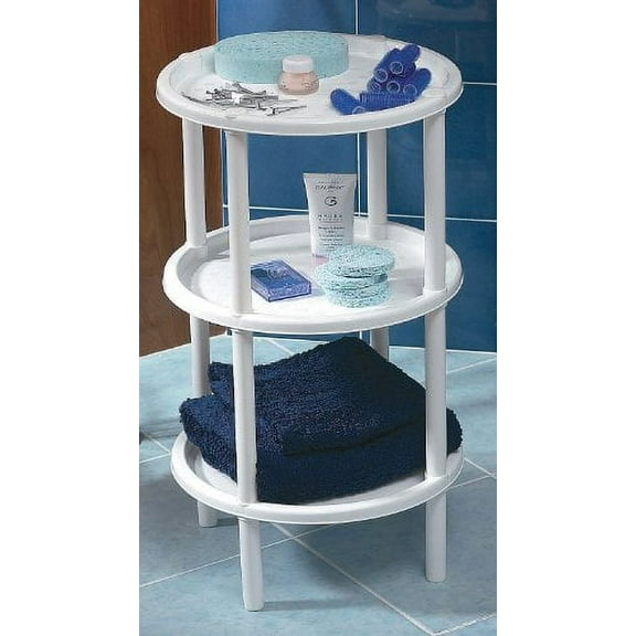 3 Tier Shelf, End, Bed or Display Table, Self-Standing Shelving for Bathroom Toiletries, Storage and Organization. 13.75 Inch diameter, 24 Inch height, 9.25 Inch space between shelves. White