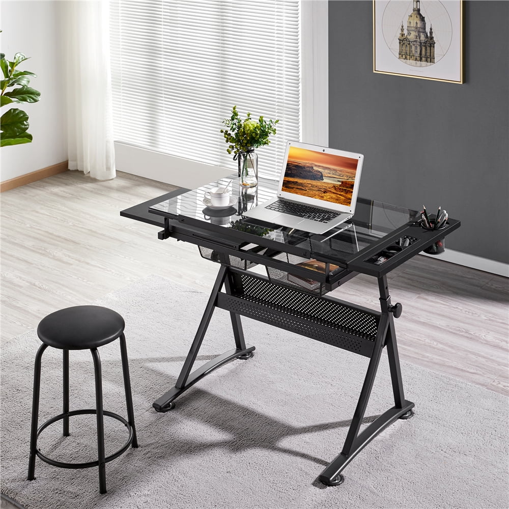 Belleze Adjustable Tabletop Drafting and Drawing Desk w/Padded Stool and 3 Storage Drawers Black 
