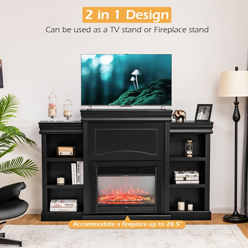 Finihen TV Stand, TV Cabinet, 70 Inch Modern Fireplace Media Entertainment Center with Bookcase, Media Entertainment Center with Storage, for Living Room, Bedroom, Black
