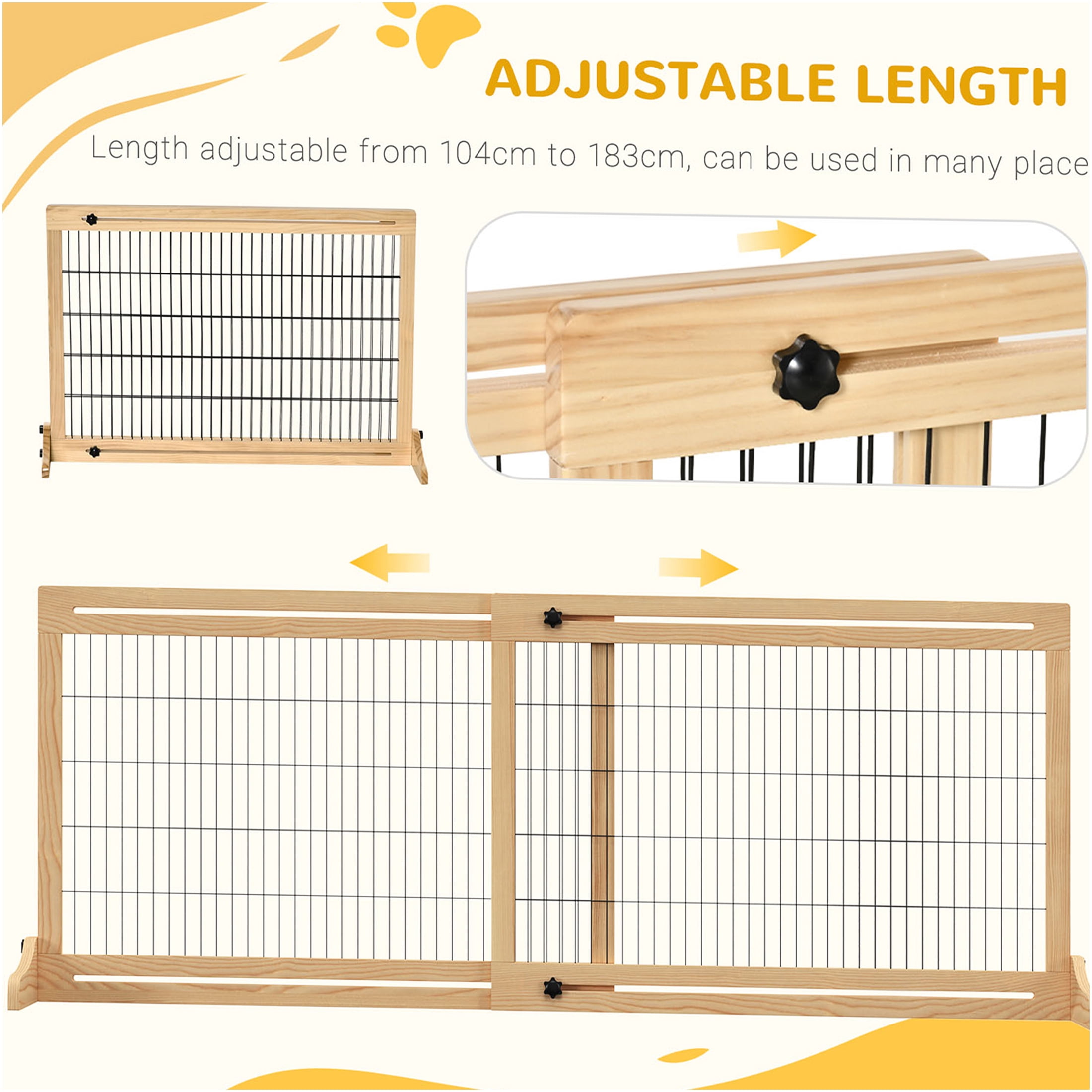 JERFIT Extra Wide Freestanding Pet Gate for Doorways, 41-72 inch Adjustable Wooden Dog Gate with Steel Mesh, Ideal for Hallways & Stairs, Natural Finish