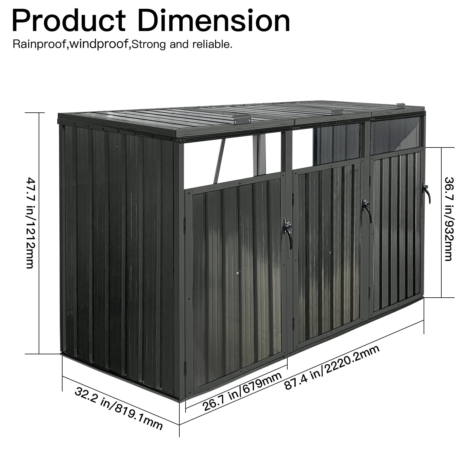 Royard Oaktree 3-Trash Can Metal Garbage Bin Shed - Outdoor Galvanized Steel Storage Shed with Lockable Lid & Ventilated Design for Garden, Yard, Pool Area, Black