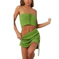 thumbnail image 2 of Seyurigaoka 2 Pcs Women Juniors Summer Knitted Suit, Front Tie Up Strapless Sleeveless Backless Midriff-baring Tops + Split Crochet Short Skirt, 2 of 7