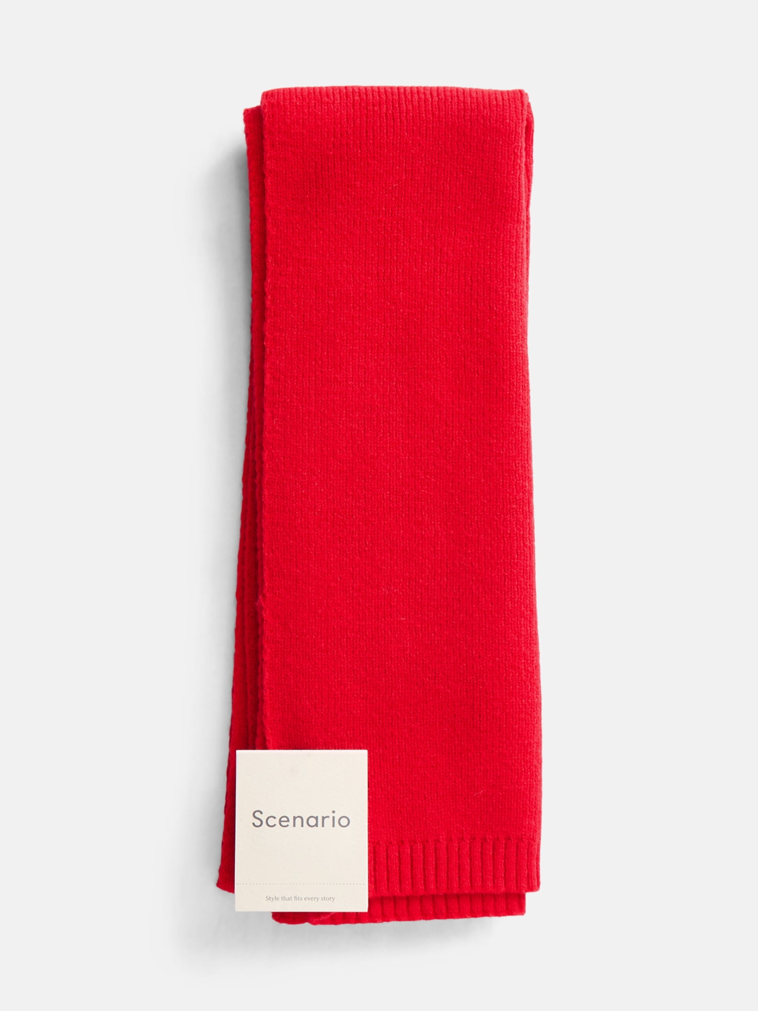 Scenario Women's Knit Oblong Scarf with Ribbed Trim, Brilliant Red