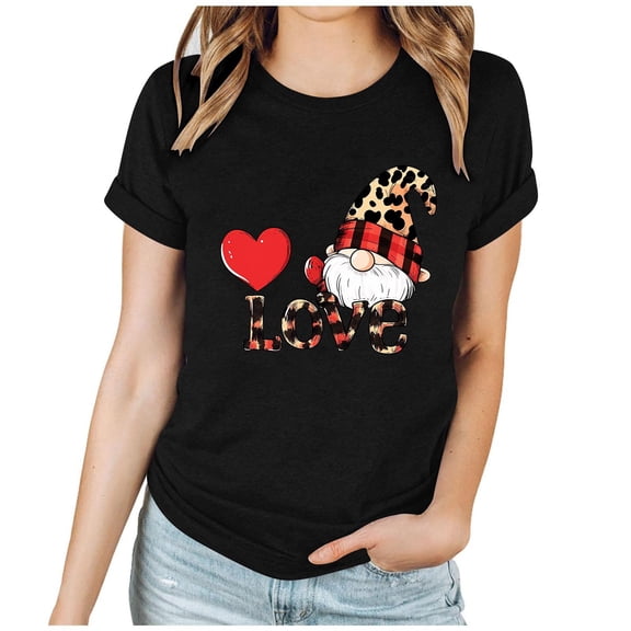 Hxshgdsn Womens Valentines Shirt Crew Neck Short Sleeve Tees Graphic Heart Printed Soft Lover Gift Blouse Tops Black 2 L