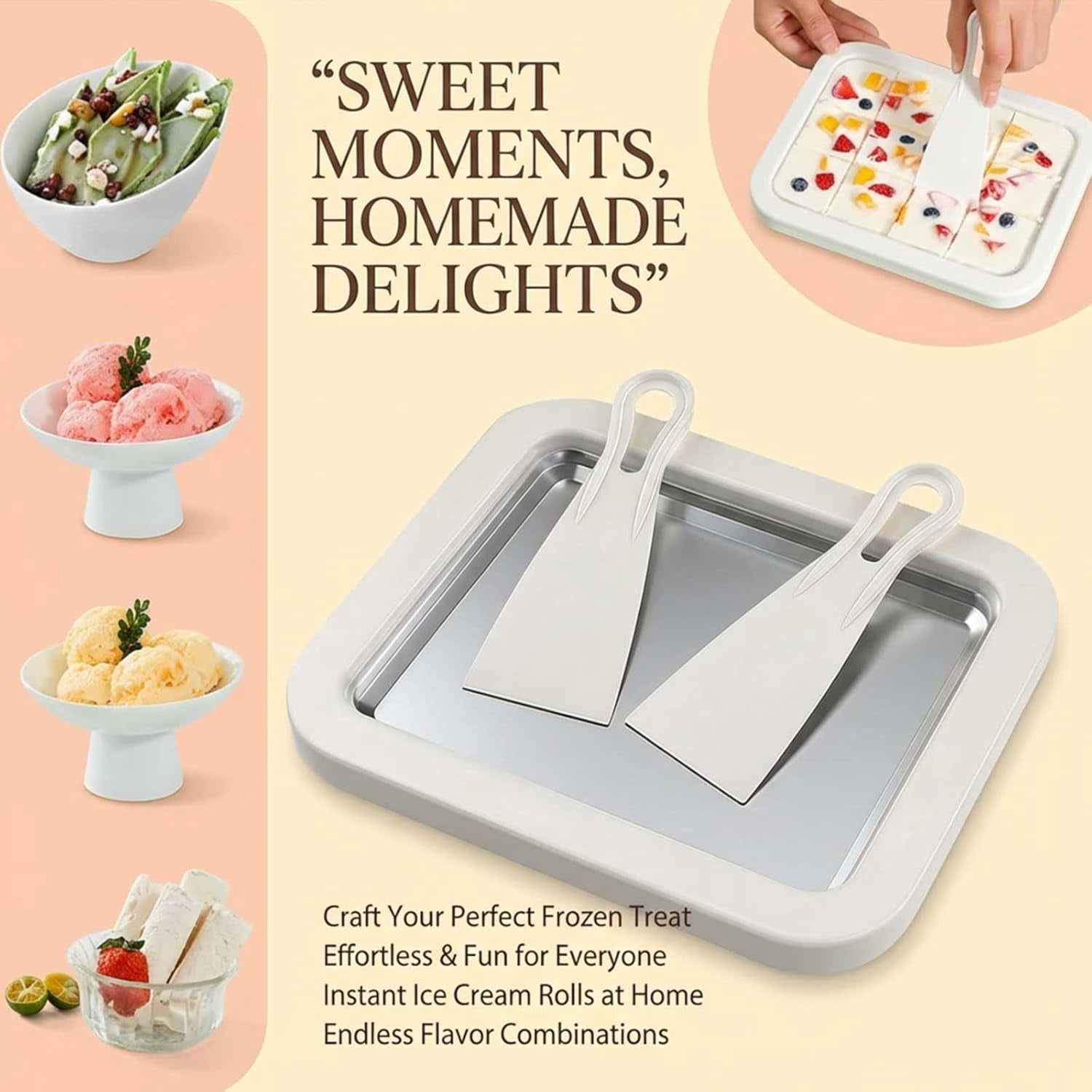 Rolled Ice Cream Maker Kit DIY Ice Cream Roll Tray with 2 Scrapers No Electricity Stainless Steel Freezing Plate for Frozen Yogurt Sorbet White