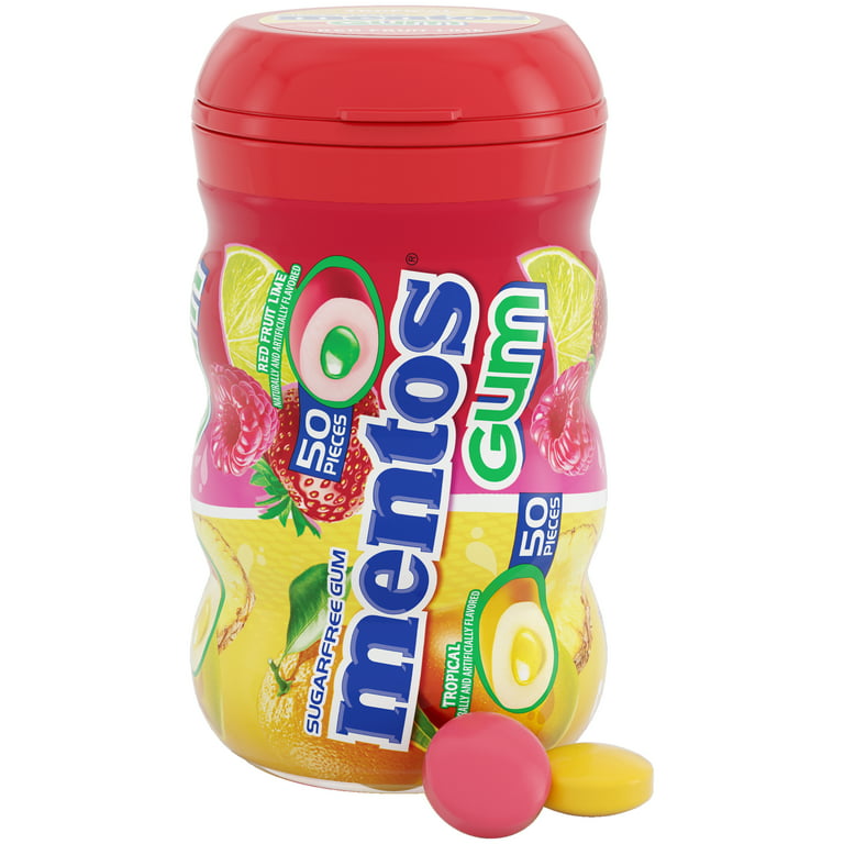 Mentos Gum Sugar-Free Tropical Red Fruit Lime Chewing Gum, 50 Regular Size  Pieces, Bottle 