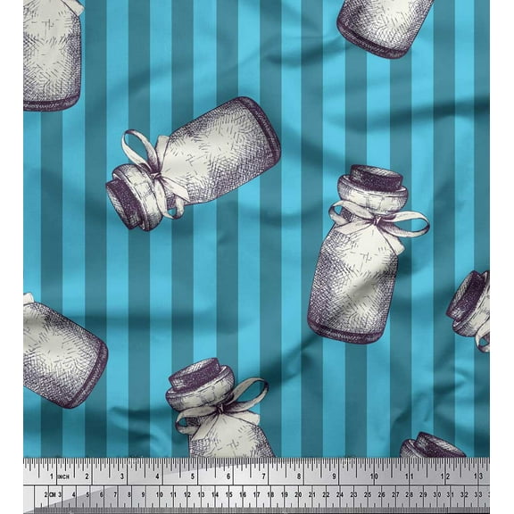 Soimoi Blue Cotton Voile Fabric Stripe & Jar Kitchen Print Fabric by Yard 42 Inch Wide